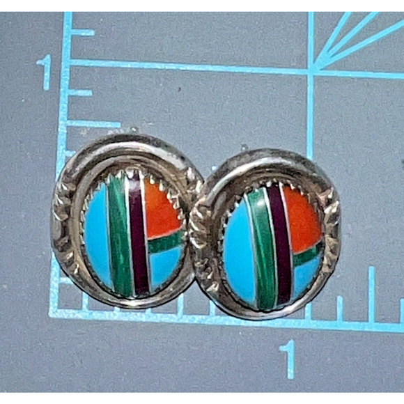 Native American Sterling Silver Inlay Turquoise Earrings RB Richard Begay - Picture 5 of 6
